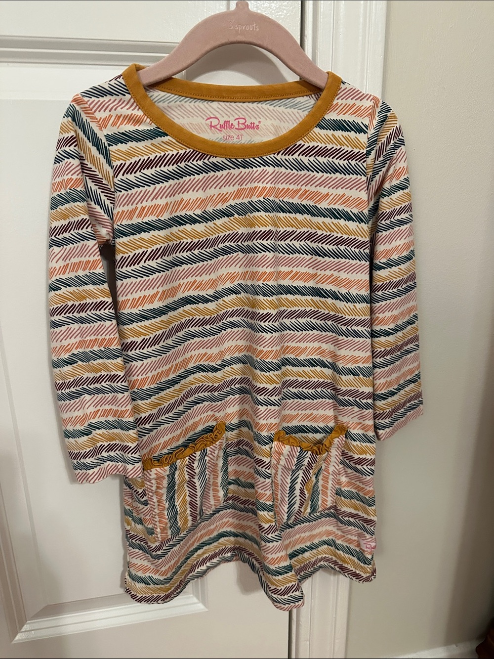 Ruffle Butts Multi-Stripe Long Sleeve Girls Dress - Mustard Trim